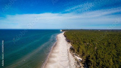 Beautiful landscape of the sandy beach. Blue sky and green forest. Aerial view of the clear sea water in a sunny day.