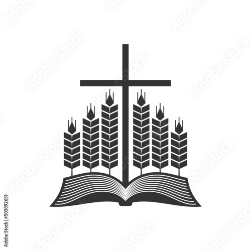 Christian illustration. Church logo. Open bible, ripe ears of corn and the cross of Jesus.