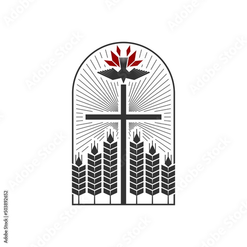 Christian illustration. Church logo. The cross of Christ, ripe ears of wheat and a dove - a symbol of the Holy Spirit.