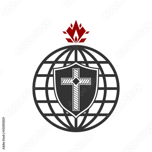 Christian illustration. Church logo. The cross of Jesus on the shield. The globe is a symbol of the world, the flame is a symbol of the Spirit.