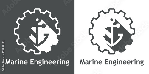 Logotipo con texto Marine Engineering con silueta de ancla de barco con sombra en rueda dentada en fondo gris y fondo blanco