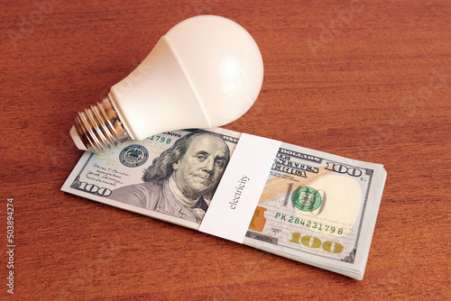 Bundle of dollars with the inscription electricity and energy saving light bulbs. Energy saving concept.