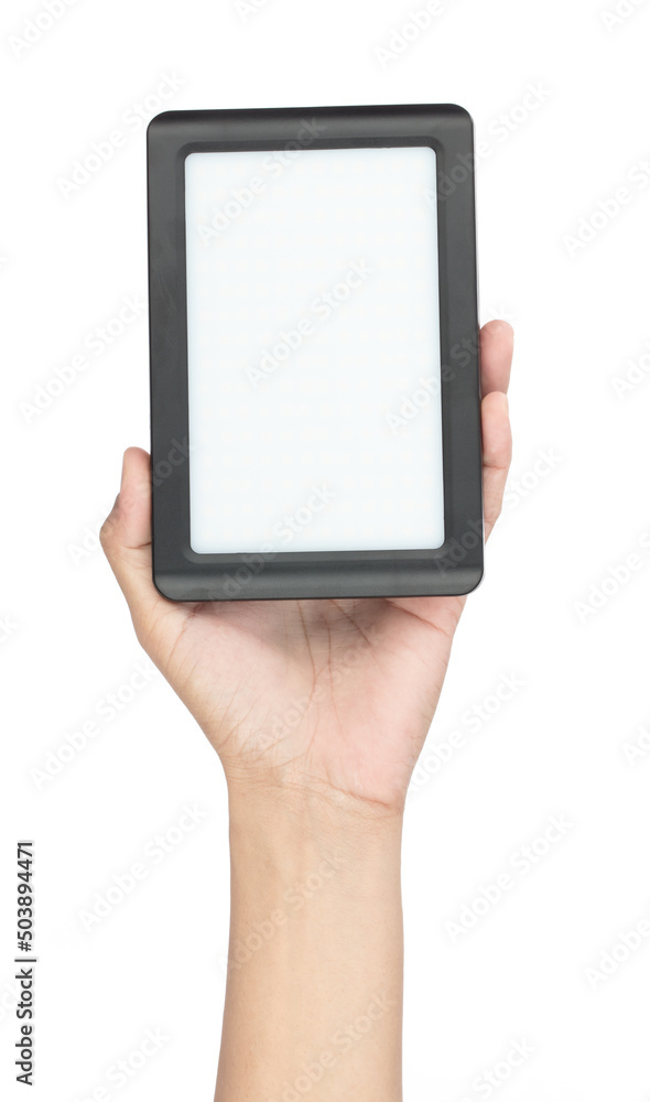 hand holding LED spotlight isolated on white background. hand holding LED spotlight isolated on white background.