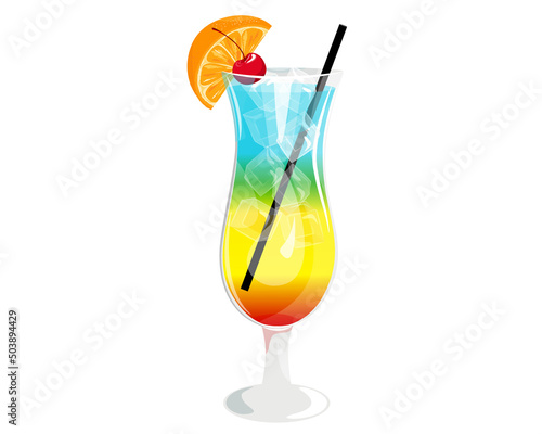 Rainbow cocktail. Summer rainbow multi-layered cocktail. Refreshing tropical drink with a slice of orange, ice cubes and cherries.Vector illustration.