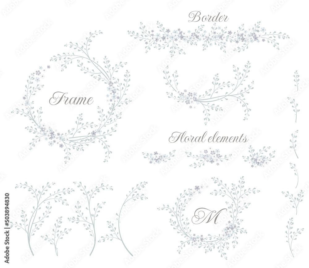Collection of floral wreath, twigs, borders, frame. Decorative elements for design invitation, cards. Floral vector graphic.