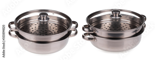 Set of Aluminum Food Steamers isolated on white background.