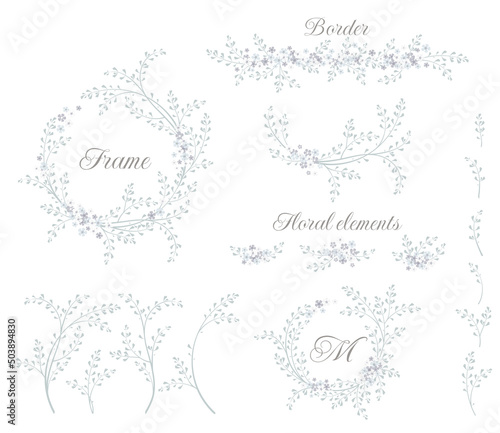 Collection of floral wreath, twigs, borders, frame. Decorative elements for design invitation, cards. Floral vector graphic.