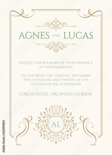 Elegant wedding invitation. Frame with calligraphic elements, floral border and  monogram. Card template for greeting card, certificate, invitation, menu.