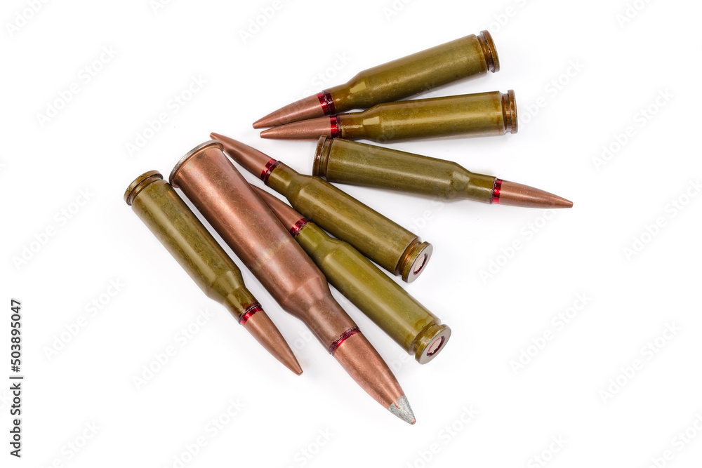 Different service rifle cartridges on a white background Different service rifle cartridges on a white background