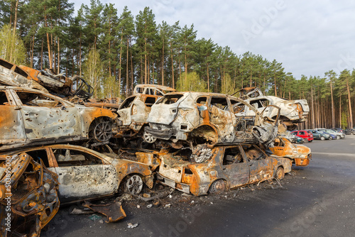 Civil cars shot and burned up by Russian soldiers, Ukraine