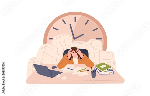 Person breaking deadlines, failing to do in time. Overloaded woman under pressure of business tasks. Work stress, bad management concept. Flat vector illustration isolated on white background