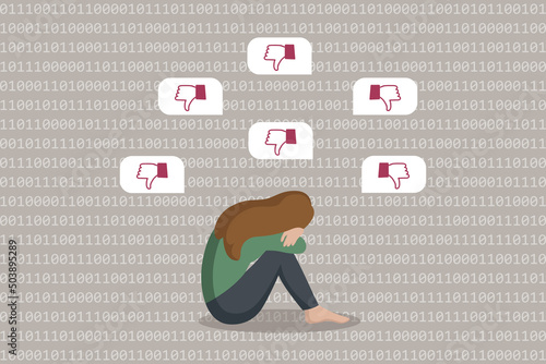 cyber bullying depressed sad girl on binary code background