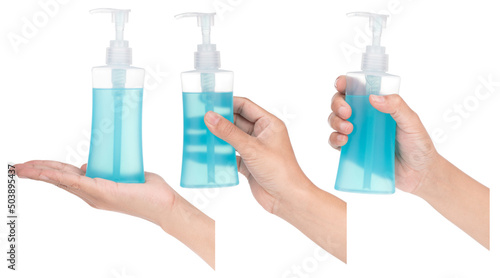 Set of hand holding feminine wash Female sanitary gel in bottle with pump cap and dispenser isolated on white background.