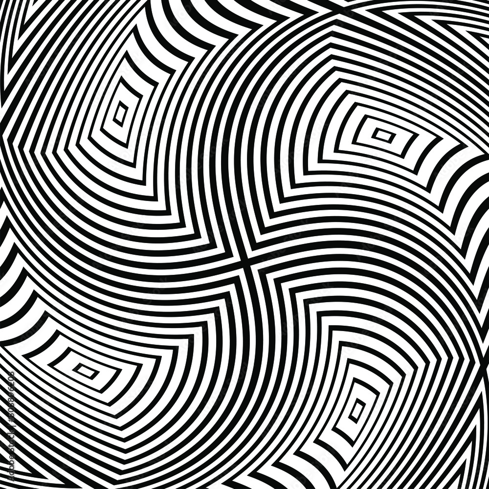 Obraz premium Abstract hypnotic pattern with black-white striped lines. Psychedelic background. Op art, optical illusion. Modern design, graphic texture.