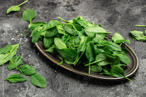 Spinach. Raw organic fresh baby spinach leaves in a metal bowl on gray background. Long banner format. top view