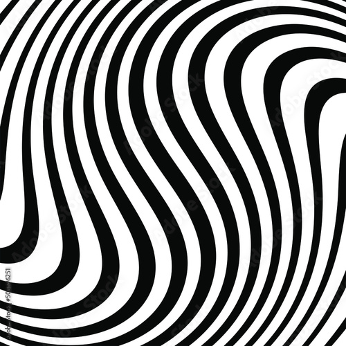 Abstract hypnotic pattern with black-white striped lines. Psychedelic background. Op art, optical illusion. Modern design, graphic texture.