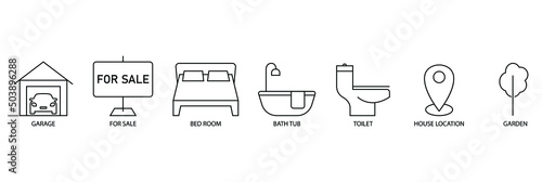 real estate icon set Garage, far sale, bedroom, bathtub, toilet, house location, garden