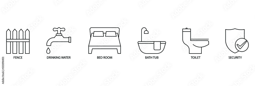 real estate icon set vector illustration  bedroom, bathtub, toilet, fence, drinking water, security