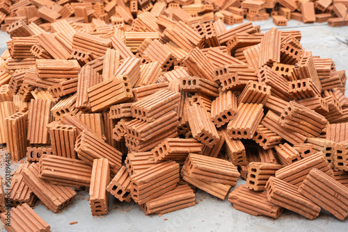 Group pile up brick square stack in a construction site is materials for building.