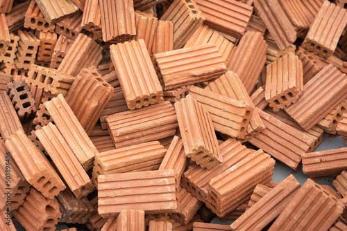 Group pile up brick square stack in a construction site is materials for building.