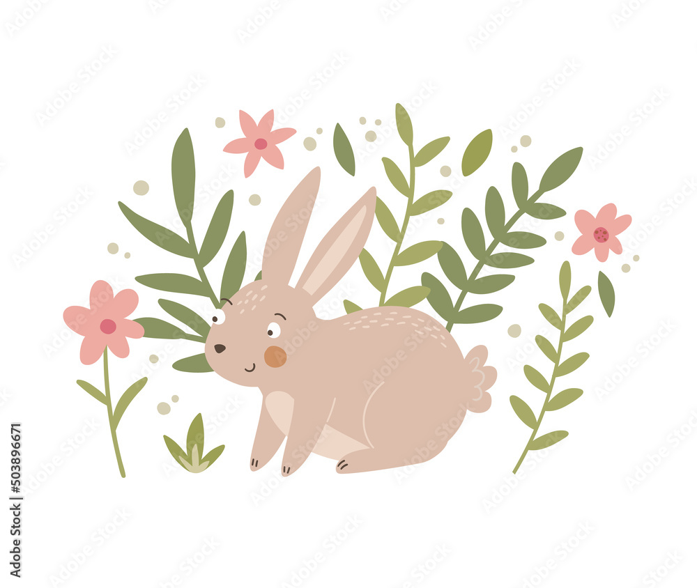 Composition with rabbit, leaves and floral elements. Cute bunny vector illustration. Kids poster Composition with rabbit, leaves and floral elements. Cute bunny vector illustration. Kids poster