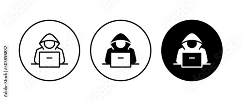 Computer hacker with laptop icon, Spy agent searching sign, symbol, logo, illustration, editable stroke, flat design style isolated on white