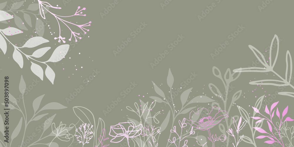 Minimal plant background vector. Leaves and ferns background design - Flower branch and minimalistic plants. Hand drawn lines, elegant leaves for your own design with copy space design.