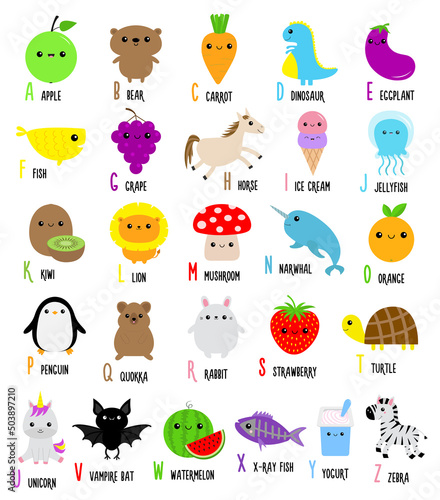 Animal food alphabet for kids. Cute cartoon kawaii English abc. Zoo Fruit Vegetable learning. Education. Apple, bear, carrot, dinosaur, fish, kiwi, lion, unicorn. Flat design. White background.