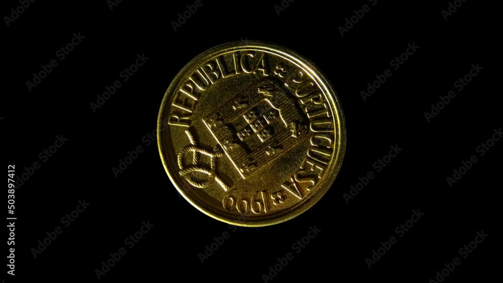 Rotating obverse of Portugal coin 5 escudos 1999 with inscription meaning PORTUGUESE REPUBLIC. Isolated in black background. Rotating obverse of Portugal coin 5 escudos 1999 with inscription meaning PORTUGUESE REPUBLIC. Isolated in black background.