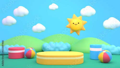 3d rendered product display podiums with cute sun and toy balls.