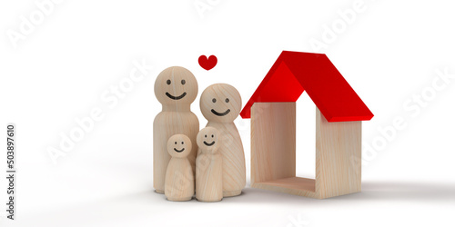 Concept of care, protection and family insurance Smiley Face Wooden Dollhouse and House with Copy Space
