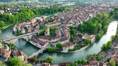aerial view of Bern, the capital of Switzerland, flying above the rooftops of Bern, Swiss tourism, urban landscape of historic city of Bern photo
