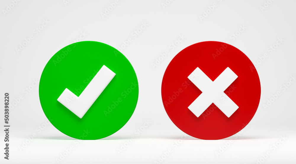 3D rendering, 3D illustration. Right and wrong button. Check mark and X mark icon isolated on white background. checkmark symbol accepted and rejected 3D rendering, 3D illustration. Right and wrong button. Check mark and X mark icon isolated on white background. checkmark symbol accepted and rejected