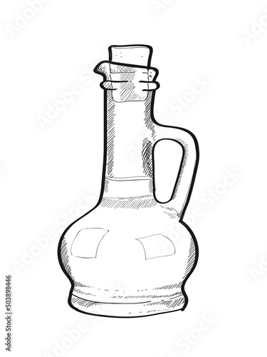 Glass classic oil bottle with handle and cork. Potion, perfume. Line art vector illustration isolated on white background.