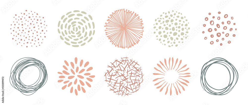 Set of circle doodle textutes. Vector hand drawn abstract patterns, lines and dots. Freehand drawing for design. - obrazy, fototapety, plakaty 