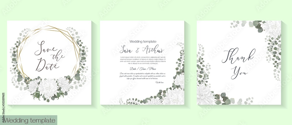 Vector template for wedding invitation. White dahlia, eucalyptus, green leaves and plants, round frame.