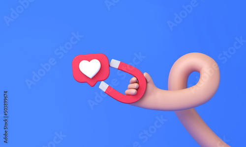 Hand holding a magnet attracting social media likes. 3D Rendering © ink drop