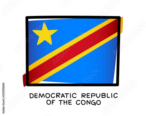 Flag of the Democratic Republic of the Congo. Colorful logo. Blue  red and yellow brush strokes  hand drawn. Black outline. Vector illustration