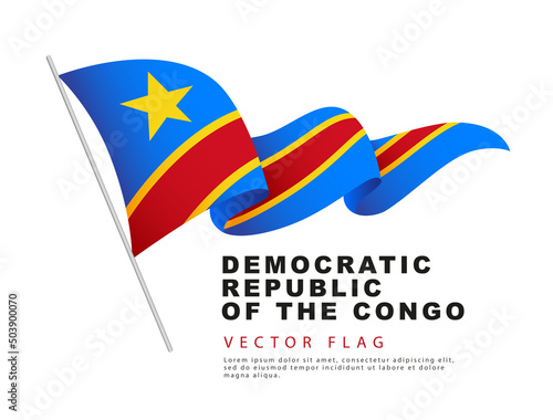 The flag of the Democratic Republic of the Congo hangs on a flagpole and flutters in the wind. Vector illustration isolated on white background.