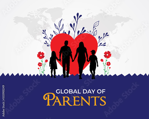 Global Day of Parents. Daddy with mum and kids. Template for background, banner, card, poster.