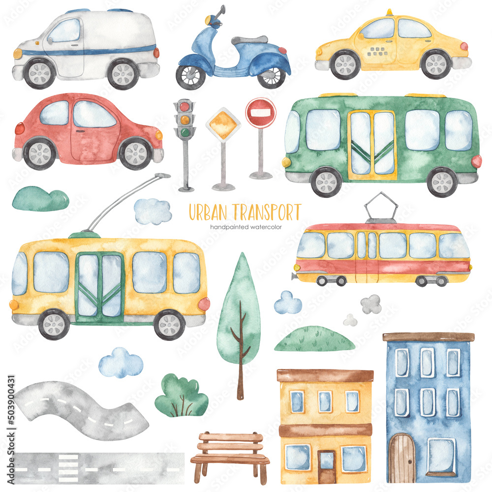 Watercolor city transport with bus, trolleybus, taxi, car, tram, mail car, houses, road, houses, trees, road signs, traffic lights