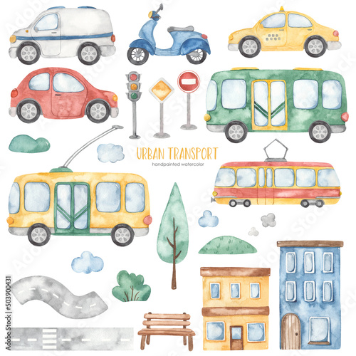 Watercolor city transport with bus  trolleybus  taxi  car  tram  mail car  houses  road  houses  trees  road signs  traffic lights