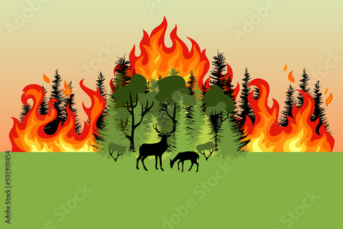 Forest fire. Colorful burning mixed forest and sihouette of deer. Green deciduous and coniferous trees on fire background. Flat design.