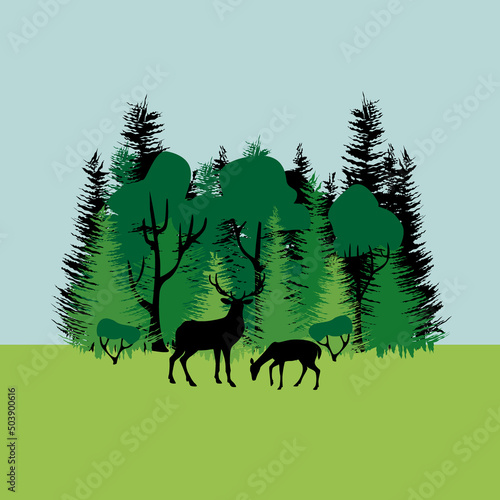 Colorful mixed forest and sihouette of deer. Green deciduous and coniferous trees on blue sky background. Flat design.