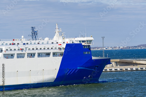 Car ferry boat in port. Cargo and passenger transportation on the Baltic Sea.