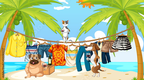 Outdoor beach scene with many dogs and camels