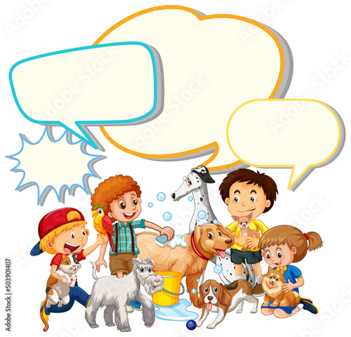 Speech bubble template with kids and pets