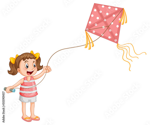 Cartoon girl playing kite