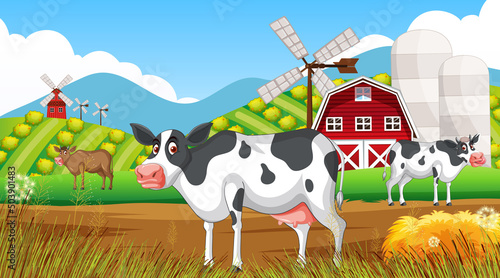 Outdoor cow farm scene with happy animals cartoon