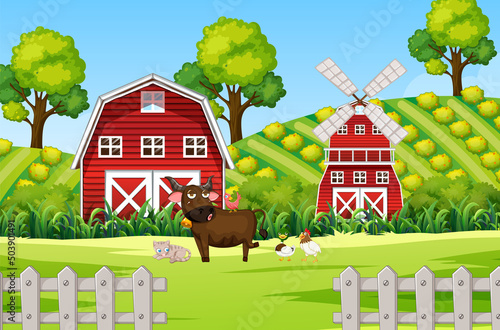 Animals in farm landscape